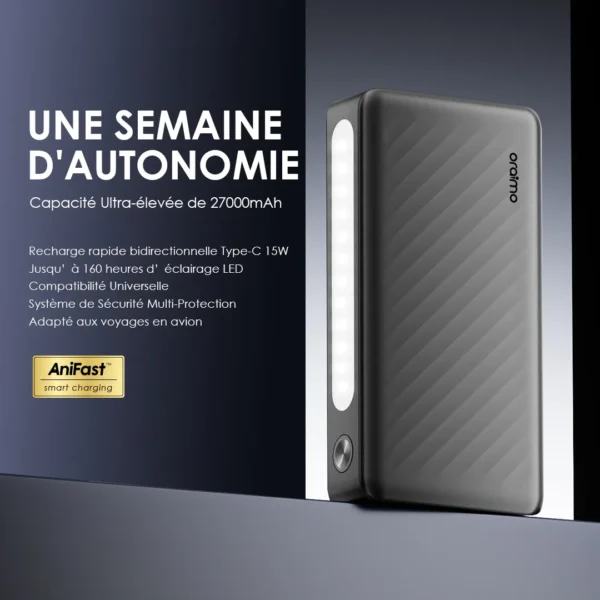 Oraimo Traveler 3 Lit – 27,000mAh 15W Power Bank with LED Light & Triple Output