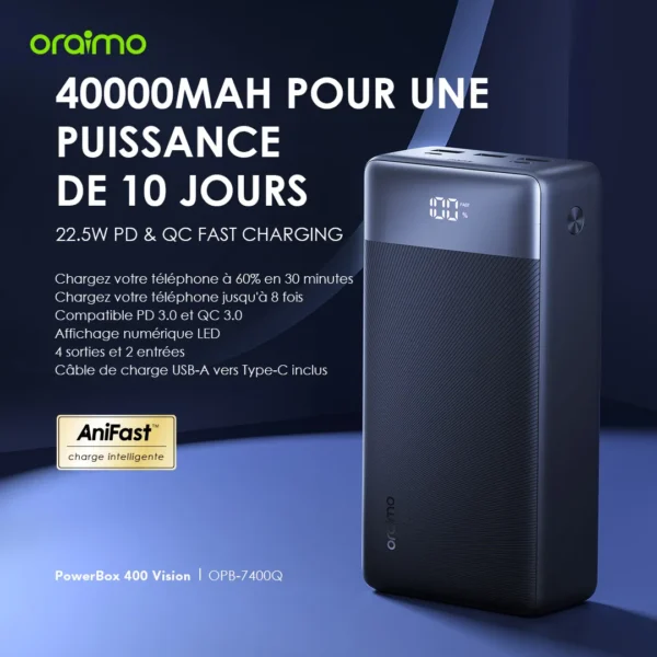 Oraimo PowerBox 400 Vision – 40,000mAh 22.5W Fast Charging Power Bank with LED Display